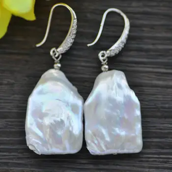 

25mm White Square Keshi Reborn Pearl Dangle Earrings CZ