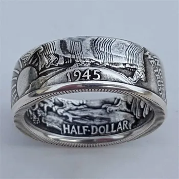 

NPKDS Coin Rings Vintage Morgan Half Dollar 1945 Carved "the United State of American" Ring In God We Trust Collecting Jewelry