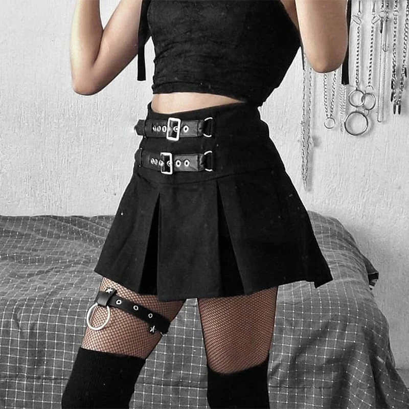 SUCHCUTE Gothic Mini Skirts Black Grunge Punk Style Pleated High Waist Fashion Women Skirt With Leather Buckle Partywear