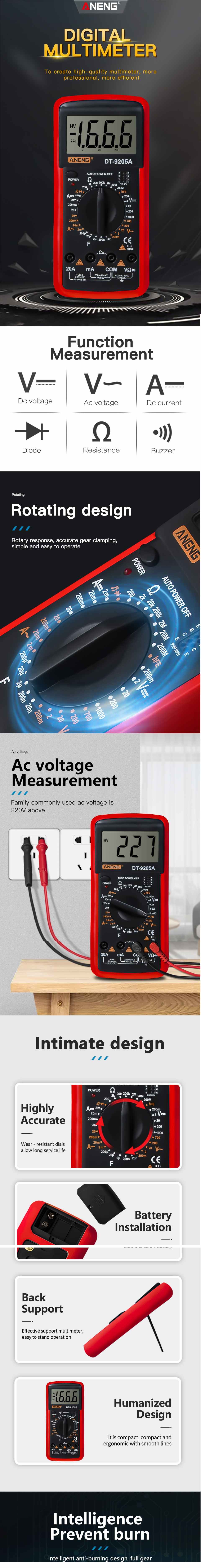 ANENG DT9205A AC/DC Электрический Ручной цифровой мультиметр Профессиональный Транзистор тестер подсветка esr метр ЖК-дисплей