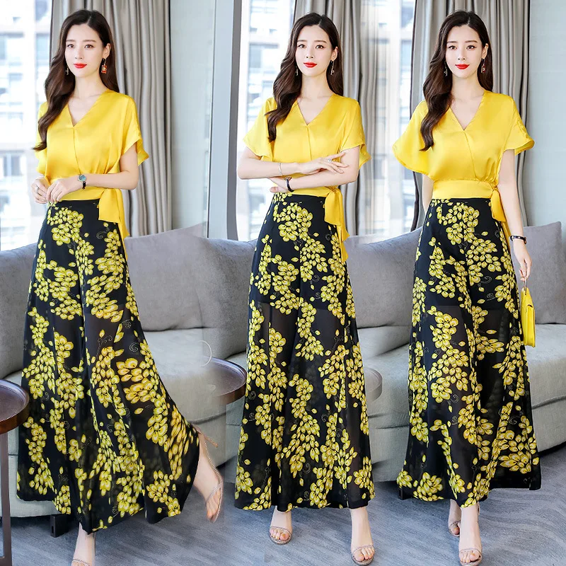 

Fashion 2019 Summer V-neck Loose Waist Comfortable Printed Simple Versatile Cool Short Sleeve Set
