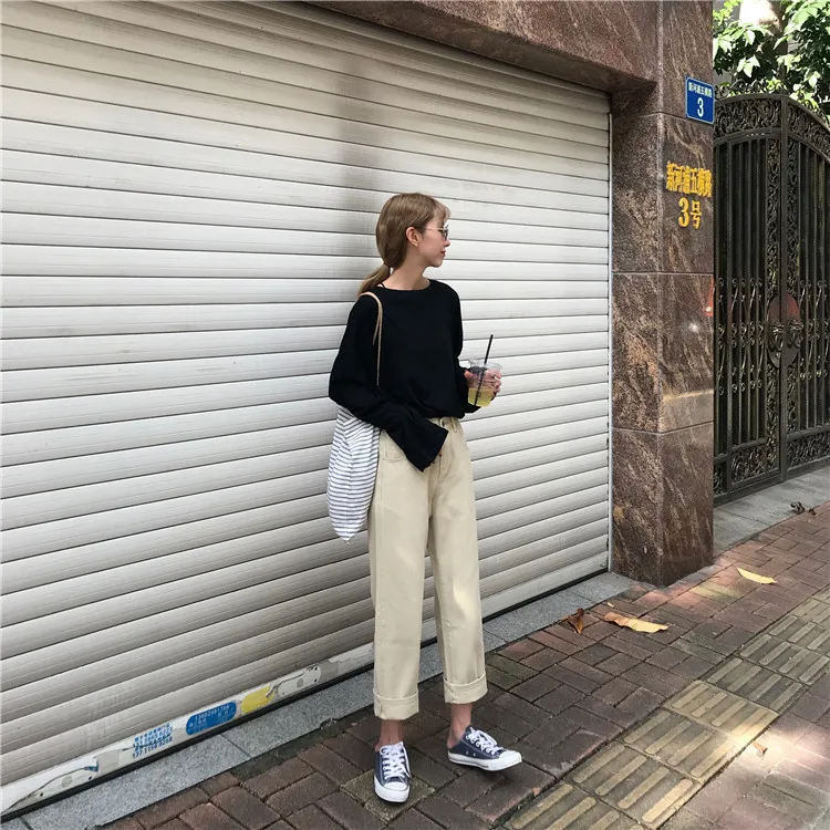 Джинсы Kawaii, однотонные, простые, с высокой талией, прямые, универсальные, Harajuku, корейский стиль, студенческие, длиной до щиколотки, женские брюки на молнии