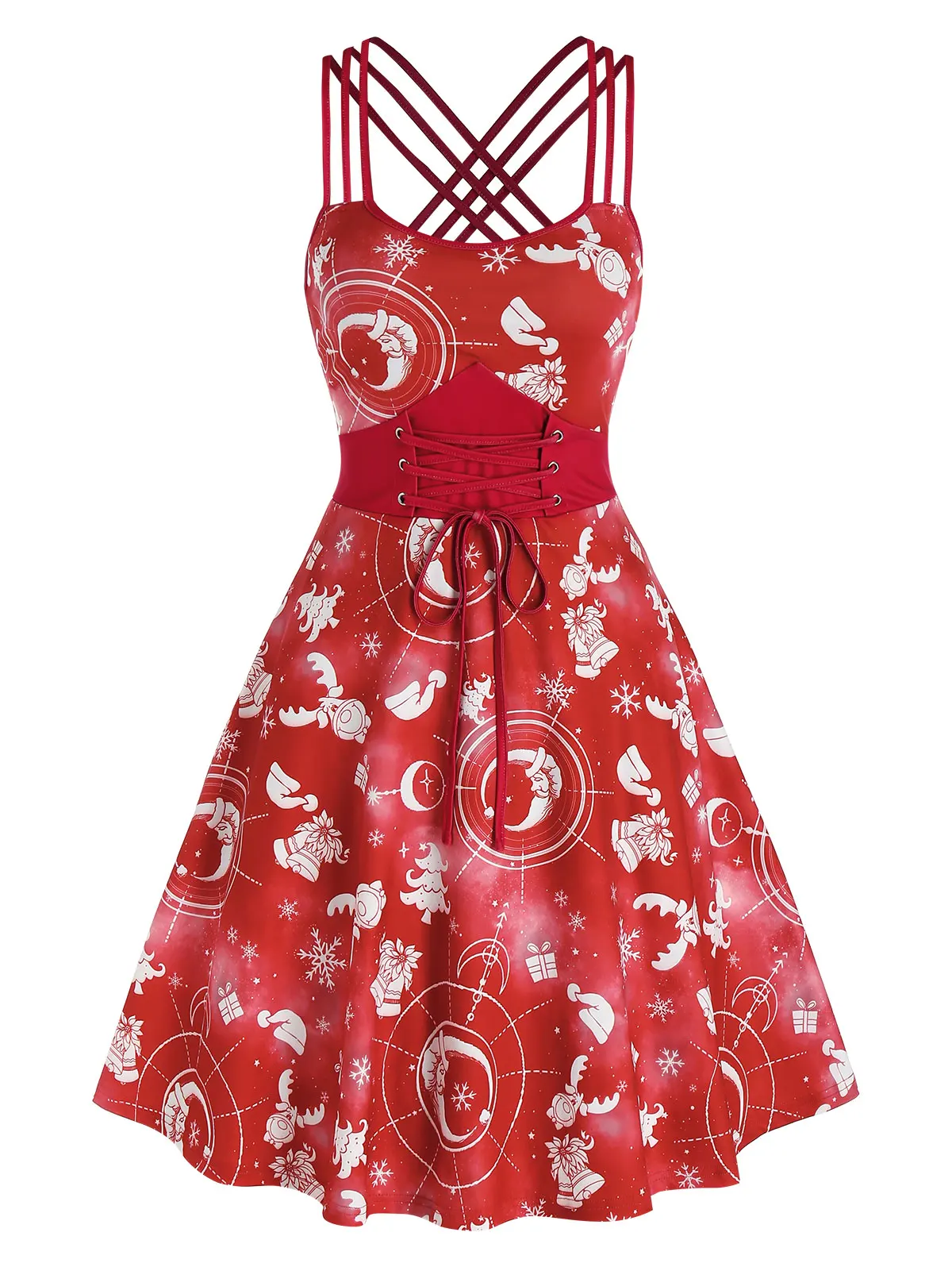 Lace Up Strappy Crisscross Christmas Printed Dress | Женская одежда