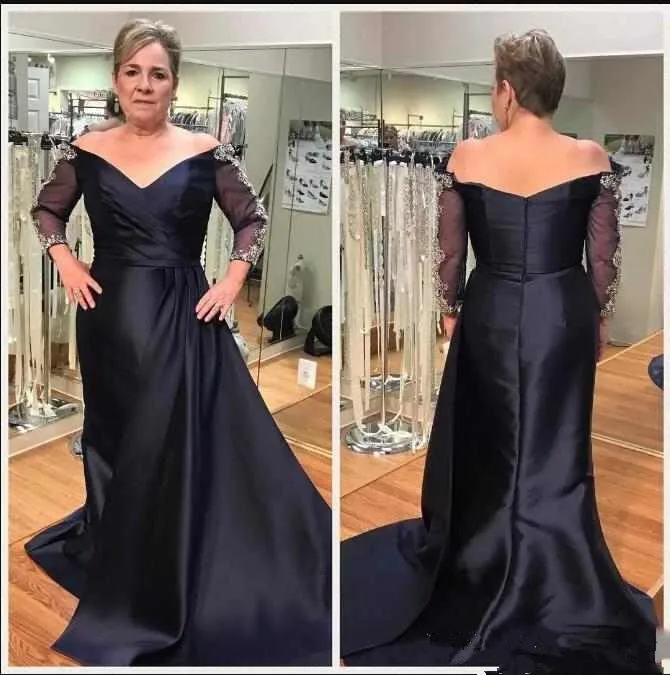 

vestido de madrinha Fashion Mother Of The Bride Dresses 2019 Modest V Neck Long Sleeve Off the Shoulder Formal Evening Gowns