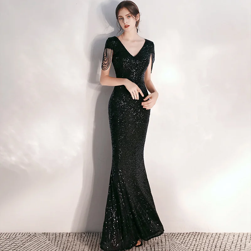 Черный Русалка Drees Черное длинное расшитое блестками Бисероплетение вечерних платьев K050 с коротким рукавом элегантные вечерние платья размера плюс сексуальный халат De Soiree - Цвет: Черный