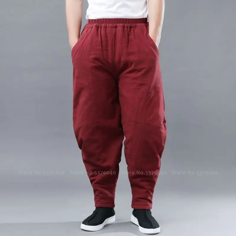 Китайский традиционный костюм Тан для мужчин Hanfu хлопок широкие брюки шаровары японская мода свободные брюки зимние теплые толстые штаны - Color: Red