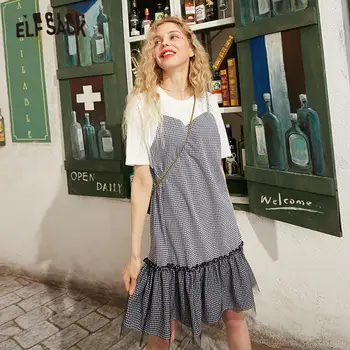 

ELFSACK Black Plaid Contrast Mesh Casual Dresses Women 2020 ELF Summer Patchwork Short Sleeve Ladies Daily Fake Two Pieces Dress