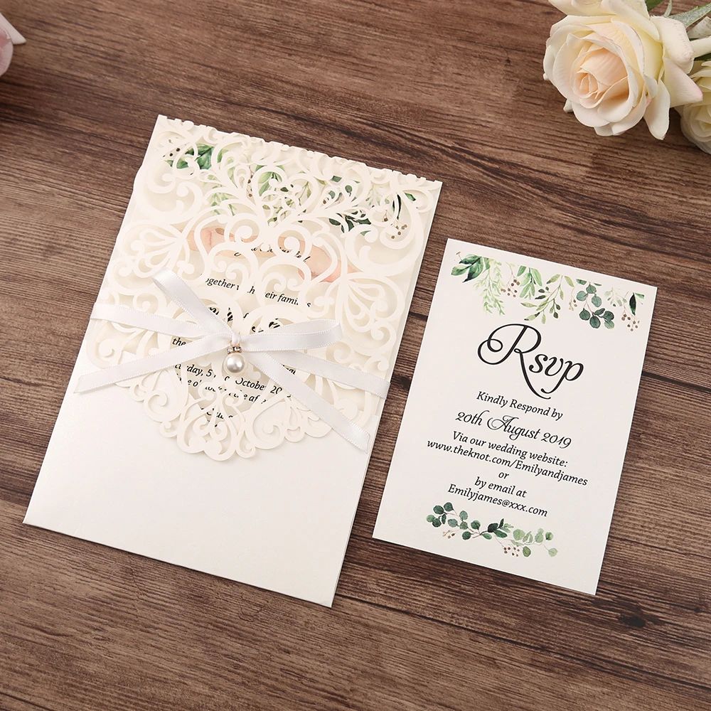 1 piece Navy blue, White, Gold and Burgundy Laser Cut Wedding Invitations with RSVP card,pearl ribbon,Customizable