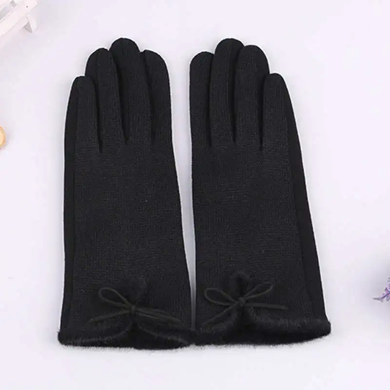 Black 1 Высококачественные женские зимние хлопковые шерстяные перчатки, элегантные теплые плюшевые перчатки с бантом, рукавицы из кашемира - Цвет: Black 1