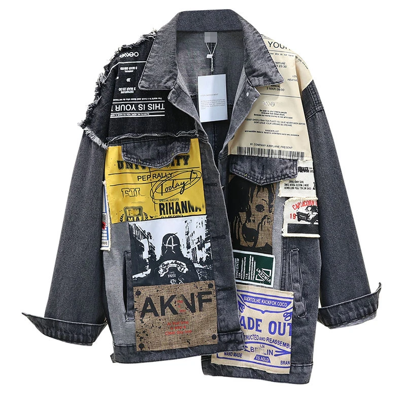 remarkable  2019 Autumn Black Denim Jacket for Women Asymmetrical Loose Splicing Washing Cowboy Jean Coat Femme