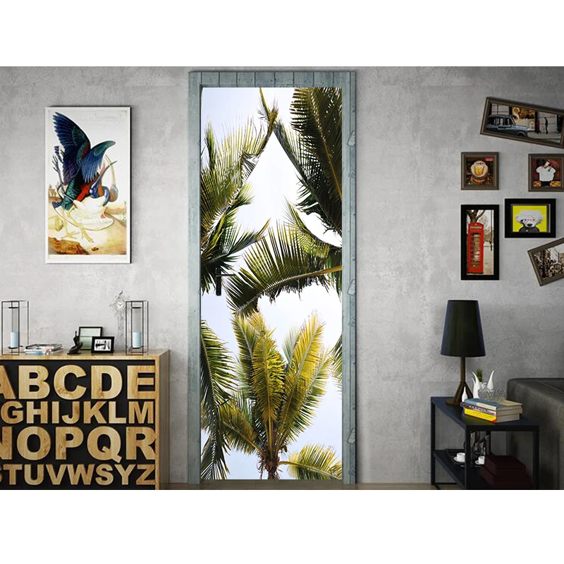 3D Print Big Palm Tree Landscape Waterproof Entire Door Sticker Creative Stickers Door Wall Sticker DIY Mural Bedroom Home Decor