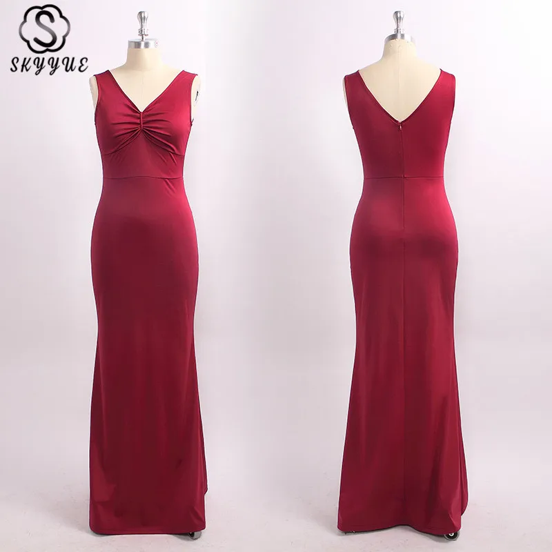 

Skyyue Evening Dress Double V-neck Robe De Soiree 2019 Pleat Sleeveless Women Party Dresses Solid Plus Size Formal Gowns C473