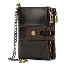 Мужской складной короткий кошелек из натуральной кожи, RFID блокирующий Кошелек для монет, держатель для кредитных карт с противоугонной цепочкой