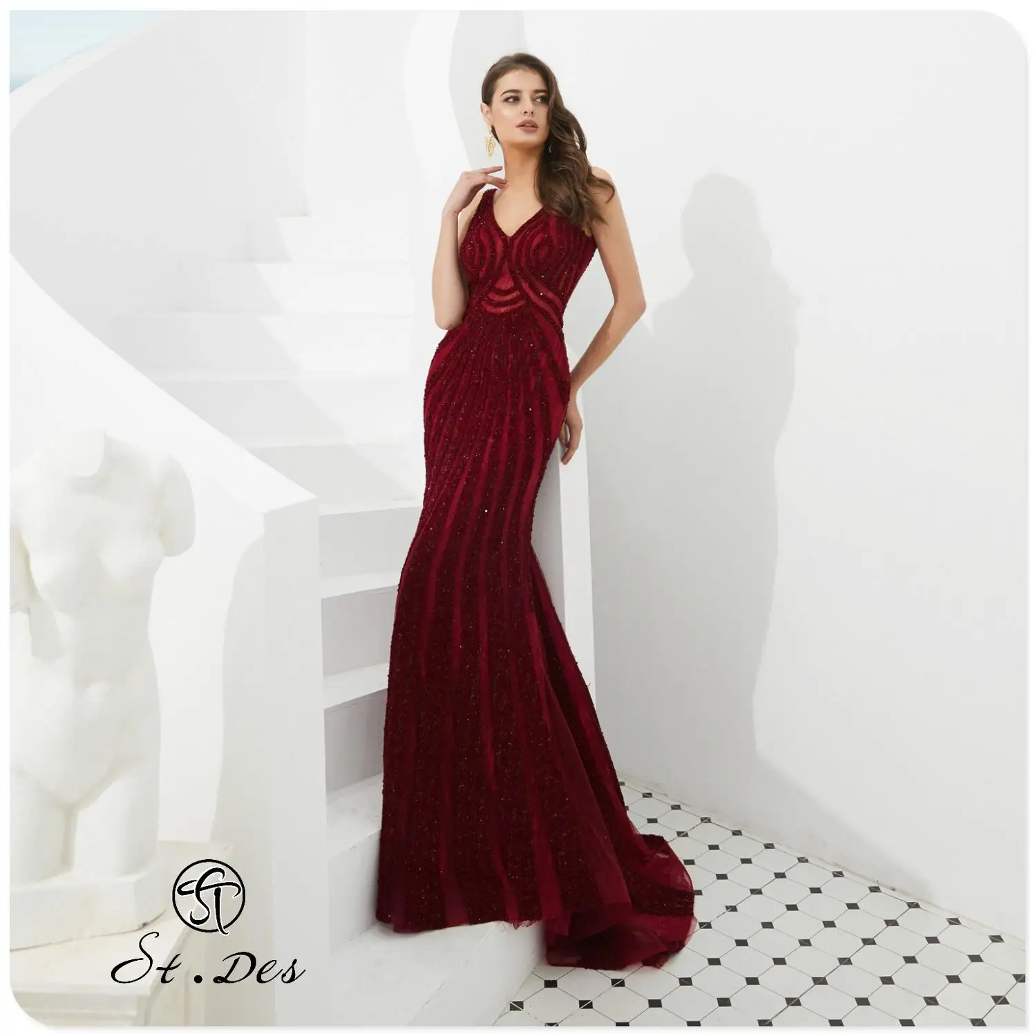 

NEW 2020 St.Des Mermaid V-Neck Spaghetti Wine Beading Sleeveless Russian Floor Length Evening Dress Party Dress