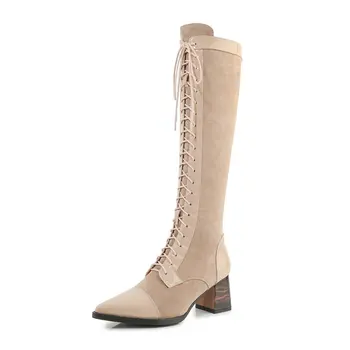 

New Arrival Women Cross-tied Knee High Boots patchwork genuine leather Autumn Winter Sexy Party wedding Shoes Woman