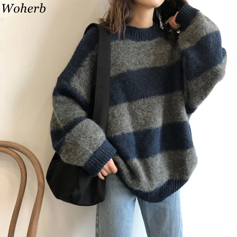 Mejor precio Woherb-suéter de gran tamaño para Mujer, Jersey holgado Vintage a rayas, ropa de calle de punto para otoño, 2021 rZKVYN5Zl