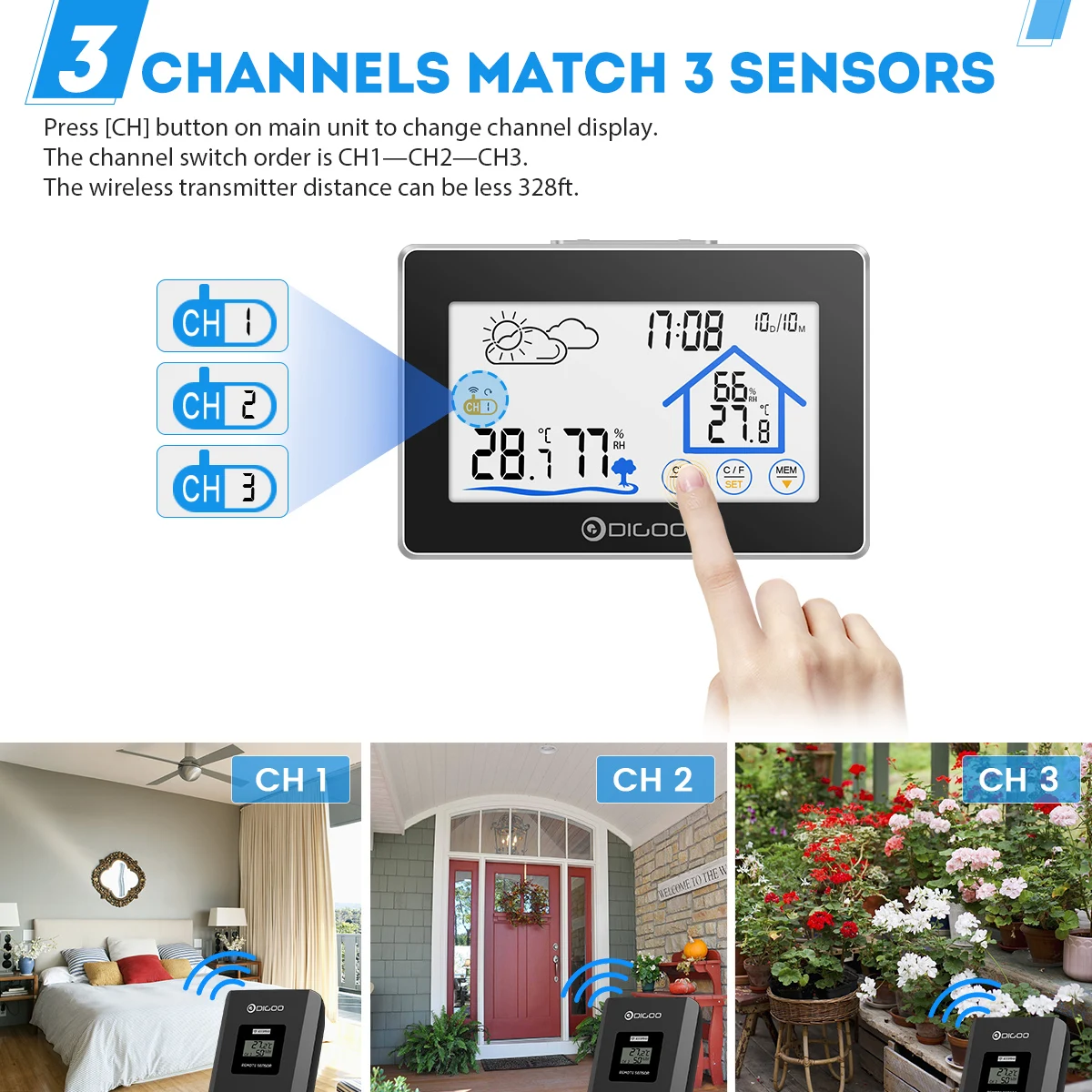 Digoo DG-TH8380, беспроводной термометр с сенсорным экраном, гигрометр, для помещений, метеостанция, для улицы, датчик погоды, часы, счетчик, календарь