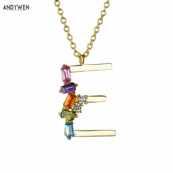 

ANDYWEN 925 Sterling Silver Gold Small E F Alphabet Pendant Letter Necklace Initial Zircon Crystal Long Chain Luxury Jewelry