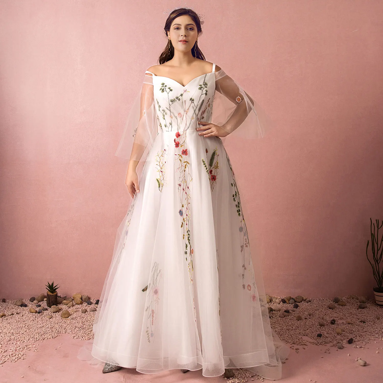 

Prom Dress Evening Dress Plus Size Off-shoulder Floral Embroidery Tulle Two Layer Dress Poet Sleeves Lace Party Dress
