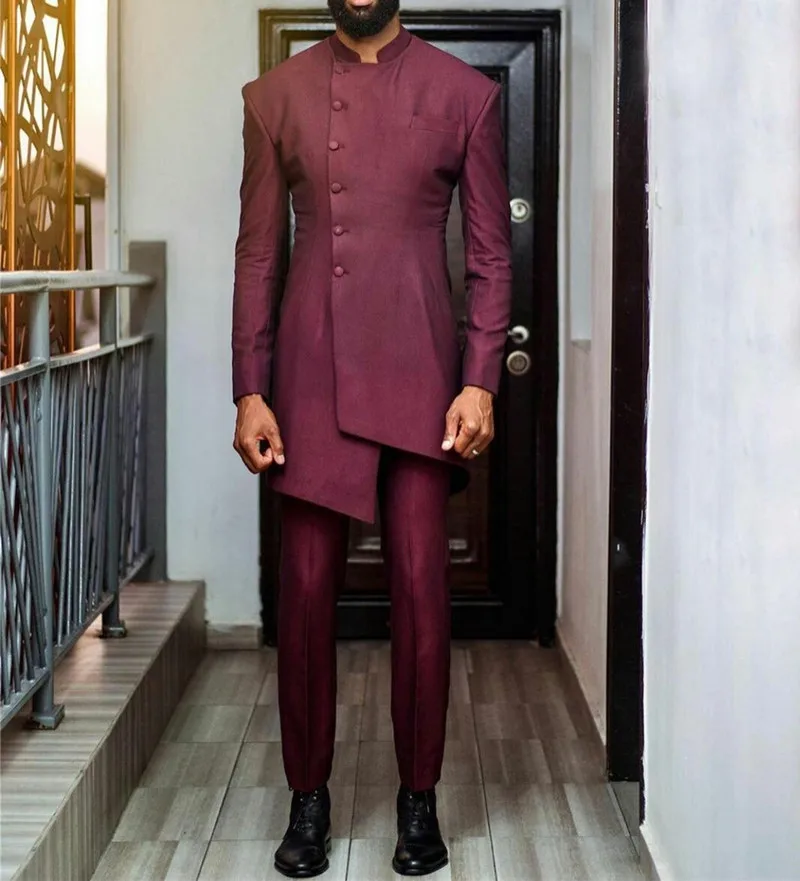 12-32Burgundy Mens Coat Suits Custom Made Long Formal Business Best Man Jacket Blazer 2 Pieces ( Jacket+Pants)