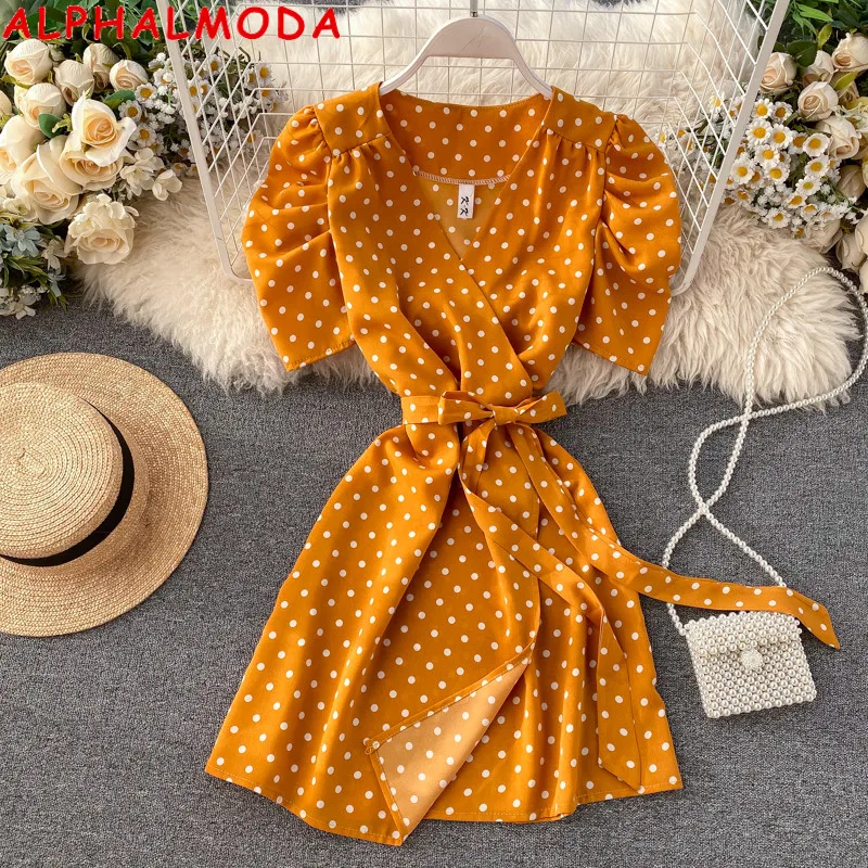 

ALPHALMODA 2020 Summer Holiday Dress Sweet Lantern-sleeved V-neck Pleated Short Sleeve One-piece Tie Dress Sashes Vestidos