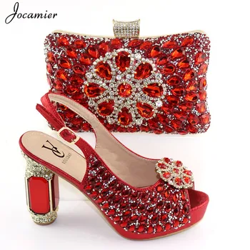 

New Fashion Shoes and Bag Set African Sets Red Color Italian Shoe Bag Set Decorated with Rhinestone High Quality T58