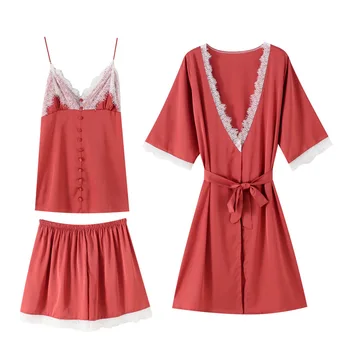 

Sexy Lace 3PCS Trim Nightgown Kimono Bath Gown Strap+Robe+Pant Pajamas Suit Sleepwear Female Summer Satin Robe Set