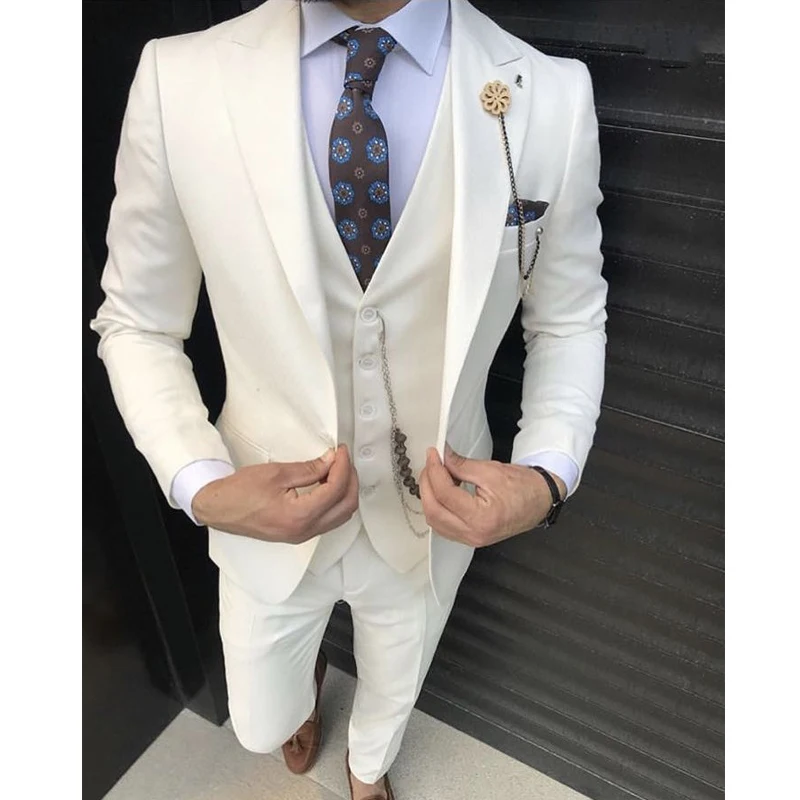 

Ivory Slim Fit Men Suits for Wedding 3 Piece Male Set Jacket Vest with Pants Peaked Lapel Groom Costume New Arrival