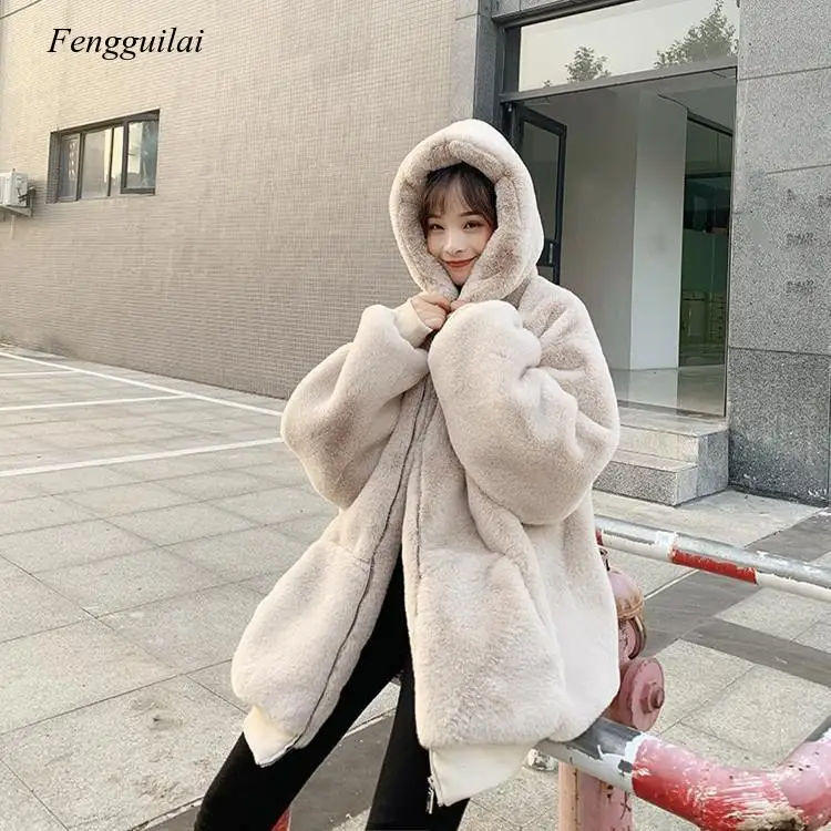 Korean Loose Plush Coat Women's Winter Rabbit Fur Grass Medium Long 2021 New Thickened Hooded Coat