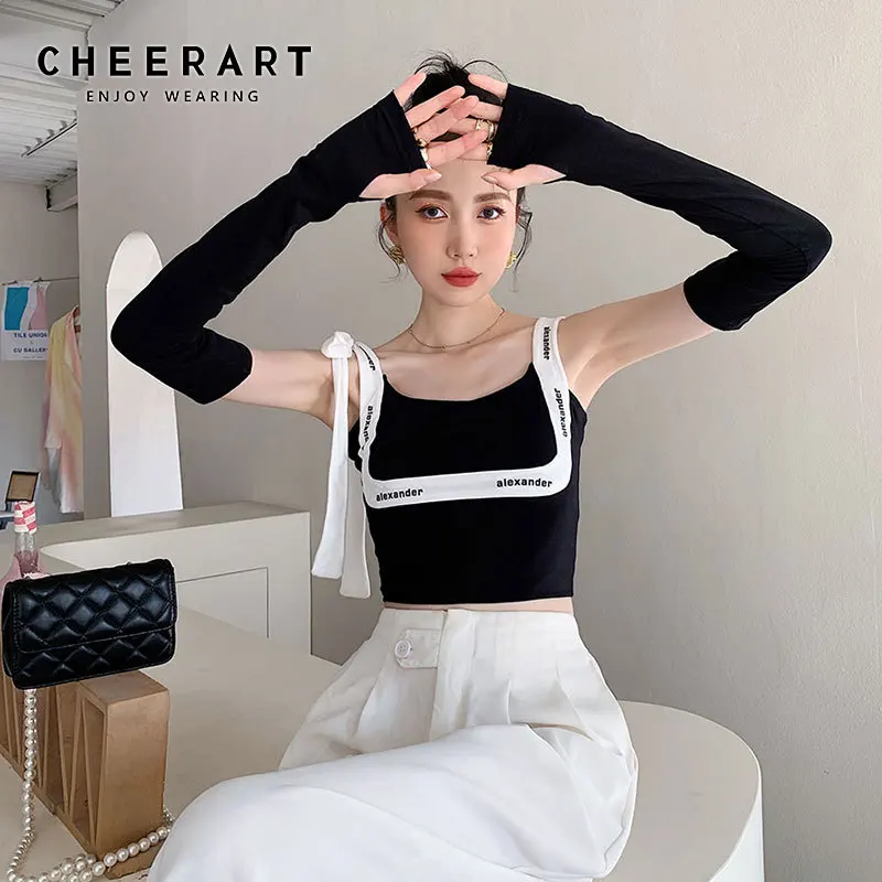 

Женский укороченный топ CHEERART, черный топ на бретелях-спагетти с открытой спиной и буквенным принтом, лето 2021