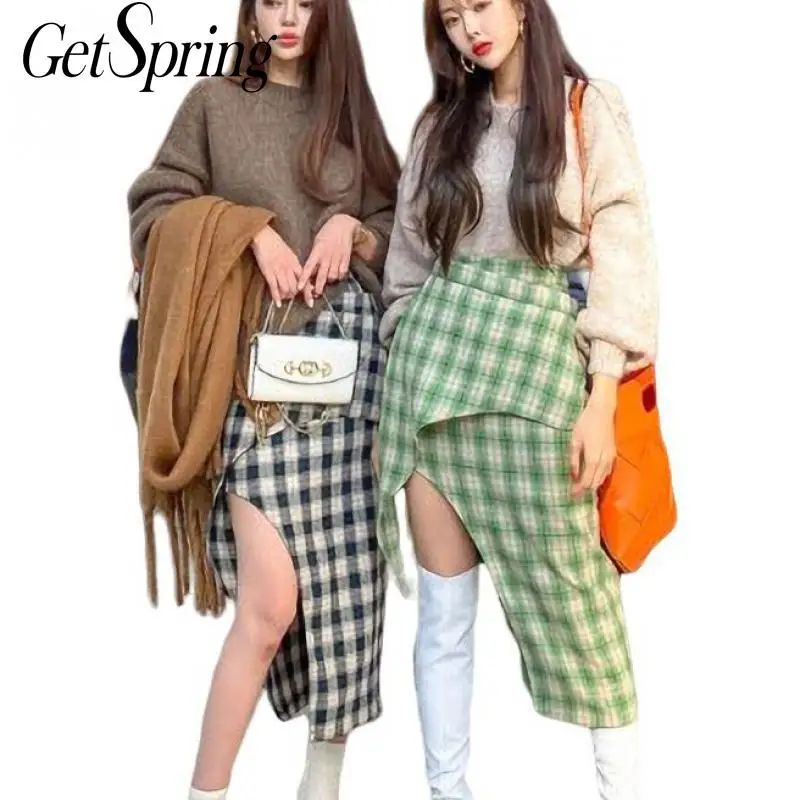 Женская Асимметричная юбка Getspring асимметричная хлопковая длинная клетчатая с