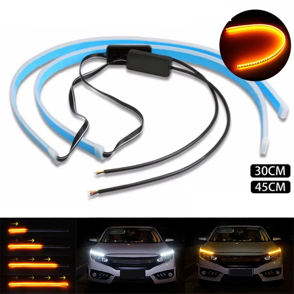 

2Pcs Cars DRL LED Daytime Running Lights Yellow Guide Strips CarFor Headlight Sequential Flowing Amber Turn Signal Lights