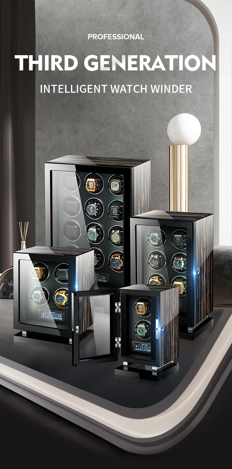 Luxury 4-Slot Automatic Watch Winder with Fingerprint Unlock, Touchscreen Control, Inte... - SKU LAWW1600 - UGI Packaging