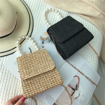 

Bag Female 2020 National Style Pearl Woven Hand Bag Straw Woven Beach Single Shoulder Female Bag