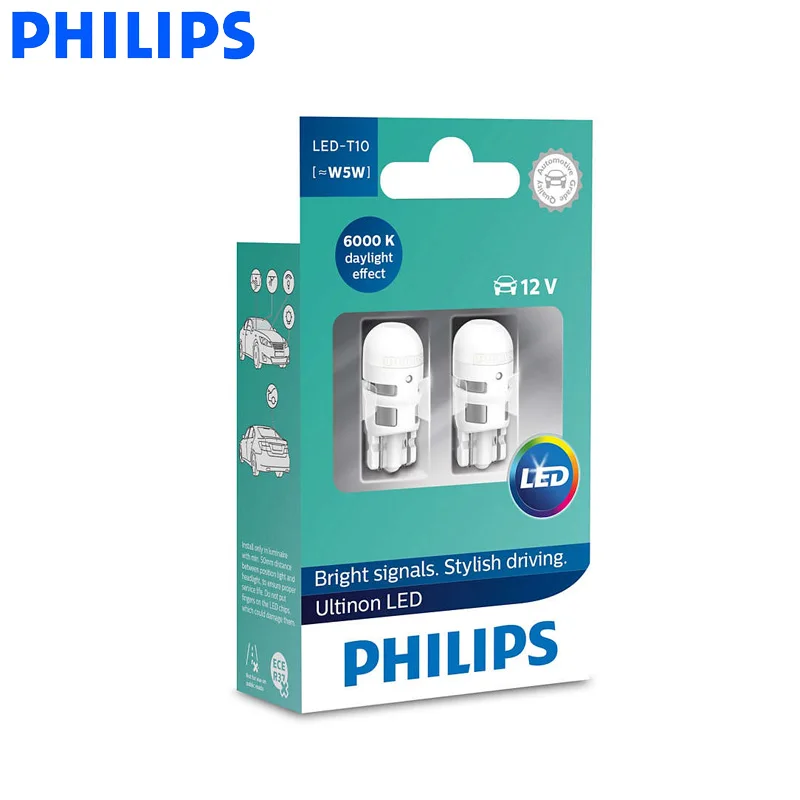 Philips T10 W5W 194 Ultinon светодиодный 6000K стильный яркий белый светильник для салона автомобиля, автомобильные поворотные сигнальные лампы 11961ULWX2, пара