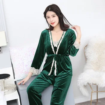 

Spring 3 three-piece Set Sexy Bathrobe Women 2020 lace Flannel Pajamas Set Nightgown Set Sleepwear Pajamas Feminino Pyjama suits