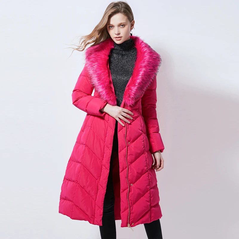 Chic Winter Women Long Down jacket With belt Thick warm Slim Female down coat Rose red Real fur collar Outwear YNZZU 9O067