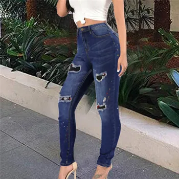 

Ripped Jeans For Women Slim High Waist Stretch Print Button Zip Jeans Large Size Leggings Skinny Slim Hole Pants Trousers E16