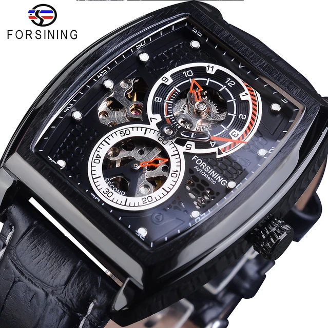 Forsining Black Dial Waterproof Automatic Mechanical Watch Skeleton Rectangle Military Watches With Bule Pointer Genuine Leather GMT1209-9