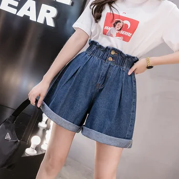 

Women's Elastic High Waist Denim Shorts New Fashion Female Plus Size Blue Crimping Casual Loose Jeans Zipper Fly Regular Solid