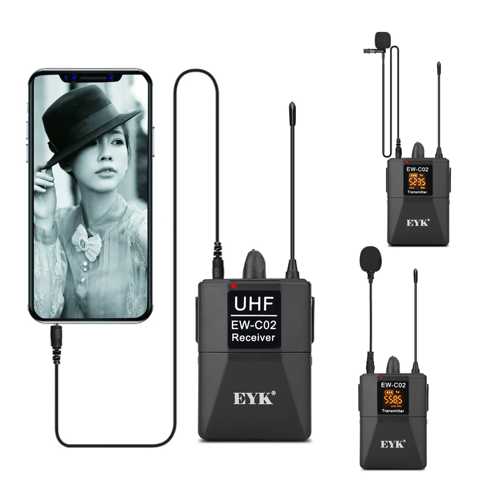 EYK EW C02 30 канала UHF Беспроводной двойной петличный микрофон Системы 60 м Диапазон