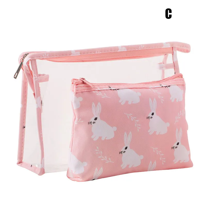 C 2pcs Portable Travel Cosmetic Bags Makeup Organizer Large Capacity Printed Toiletry Pouch Purse Best Sale-WT - Color: C
