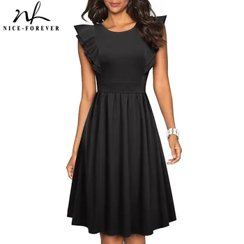 

Nice-forever Summer Retro Solid Color Ruffle Sleeve Dresses Casual Pinup Flared Women Dress A143