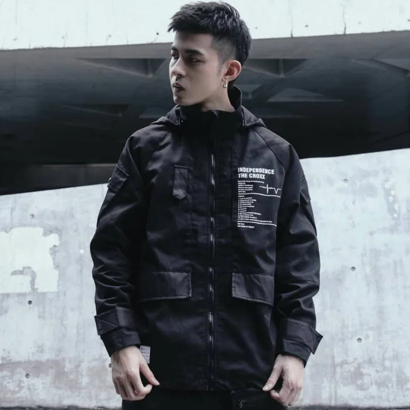 Куртка-карго CROXX Techwear мужская черная с графическим принтом худи в стиле милитари