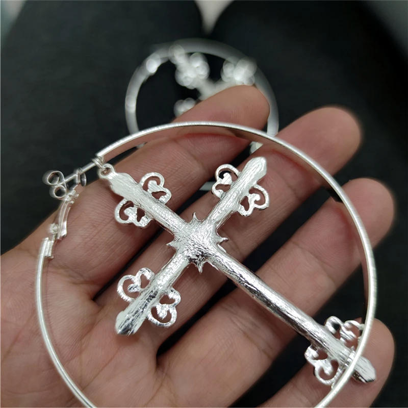 KUGUYS Big Hoop Kreuz Baumeln Ohrring für Frauen Tropfen Metall Kristalle Gold Silber Farbe Schmuck Runde Vintage Zubehör – Detail 11