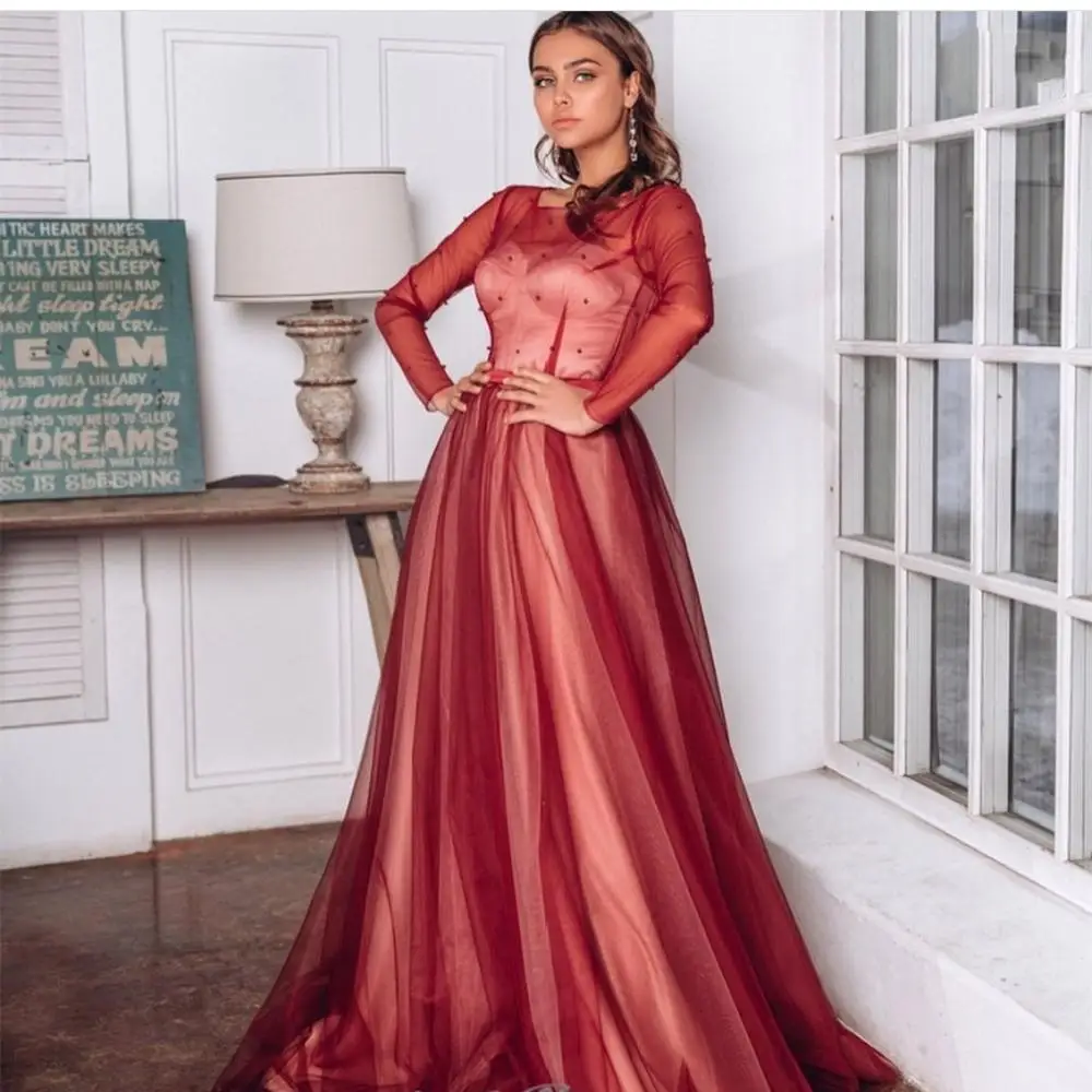 

Brilliant Long Sleeve A-Line Evening Dress Burgundy 2021 A-Line With Pearls Women Party Gowns Court Train O-Neck Custom Made