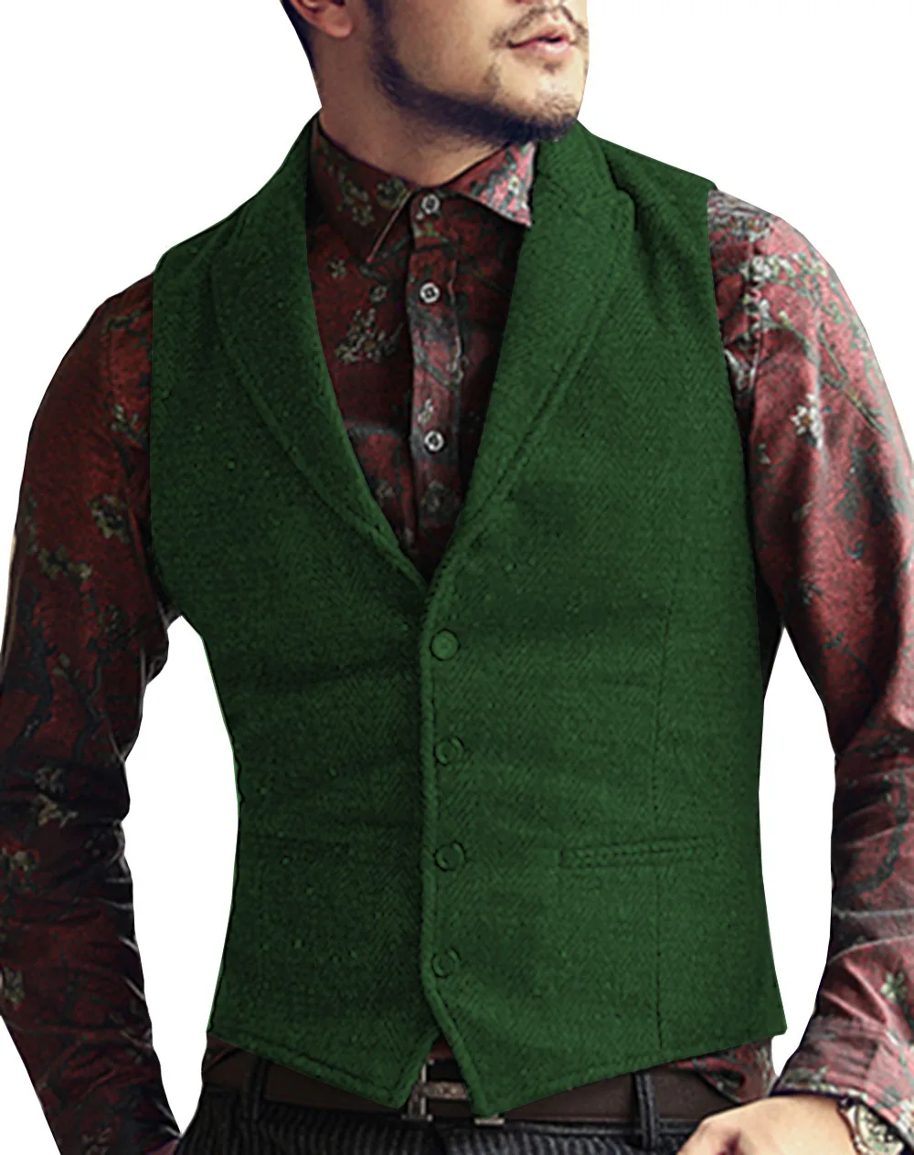 Мужской костюм жилет лацкан V образным вырезом шерсть елочка Повседневный официальный деловой жилет Groomman для свадьбы зеленый/черный/коричневый - Цвет: green