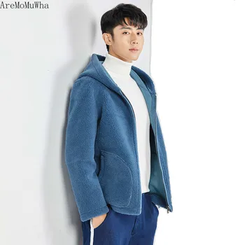 

AreMoMuWha Fake Fur One Male Sheep Shearing Coat Hooded Leather Men's Short Lamb Fur Faux Coat Winter Male L Hooded JacketQX1295