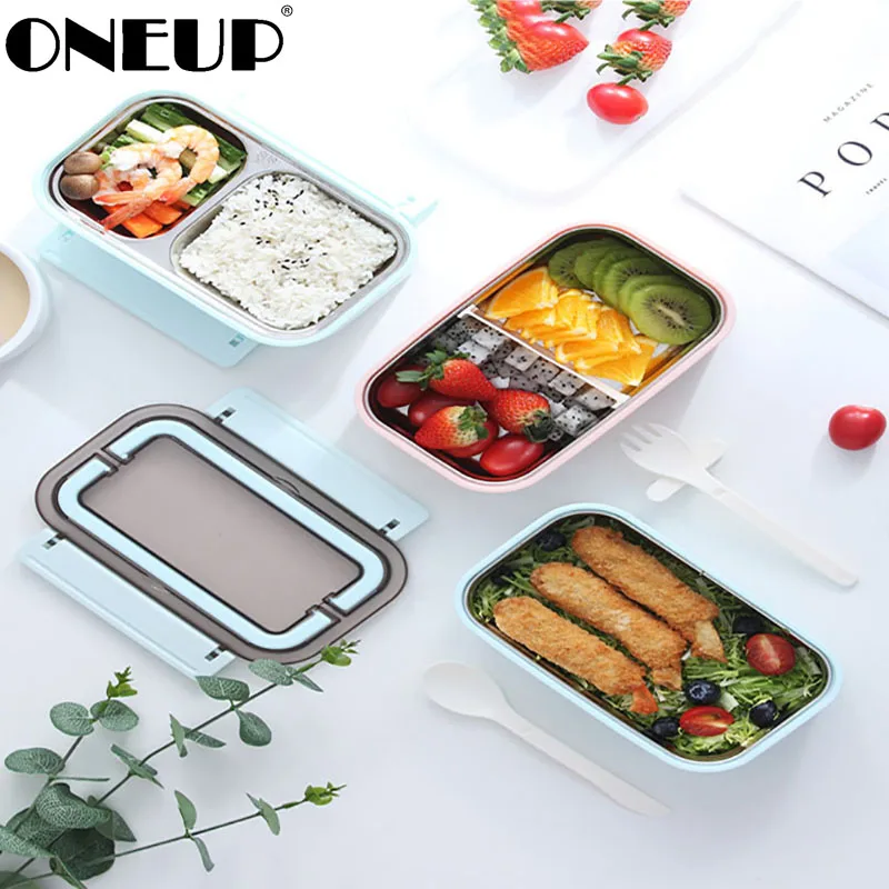 

ONEUP Portable Insulated Lunch Box For Kids New 304 Stainless Steel With Handle Fork Bento Box Tableware Kitchen Food Container