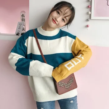 

2019 Women Patchwork Sweater O-neck All-match Loose Slim Striped Sweater Knitted Long Sleeve Sweater Female Top